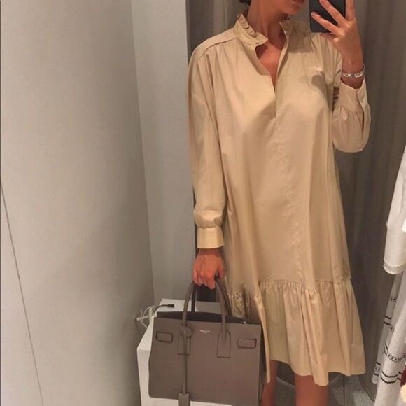 ZARA Cotton Long Sleeve Poplin Midi Dress Camel S - Picture 14 of 16